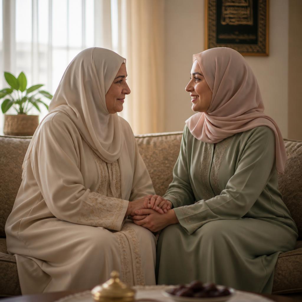 سيّدتان سعوديّتان تجلسان معاً في جلسة عائلية دافئة تعبّر عن الدعم والمساندة